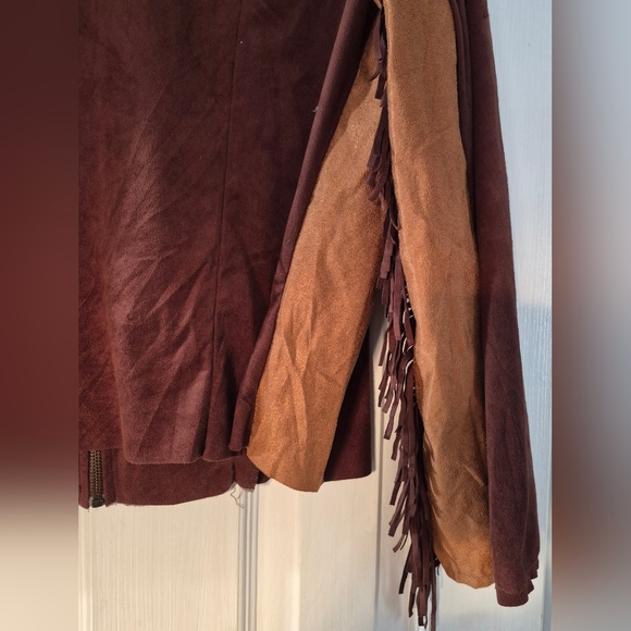 Vintage Vixen Brown Faux Suede Fringe Western Zip Jacket L Cowgirl Boho Fedtival - Picture 4 of 10